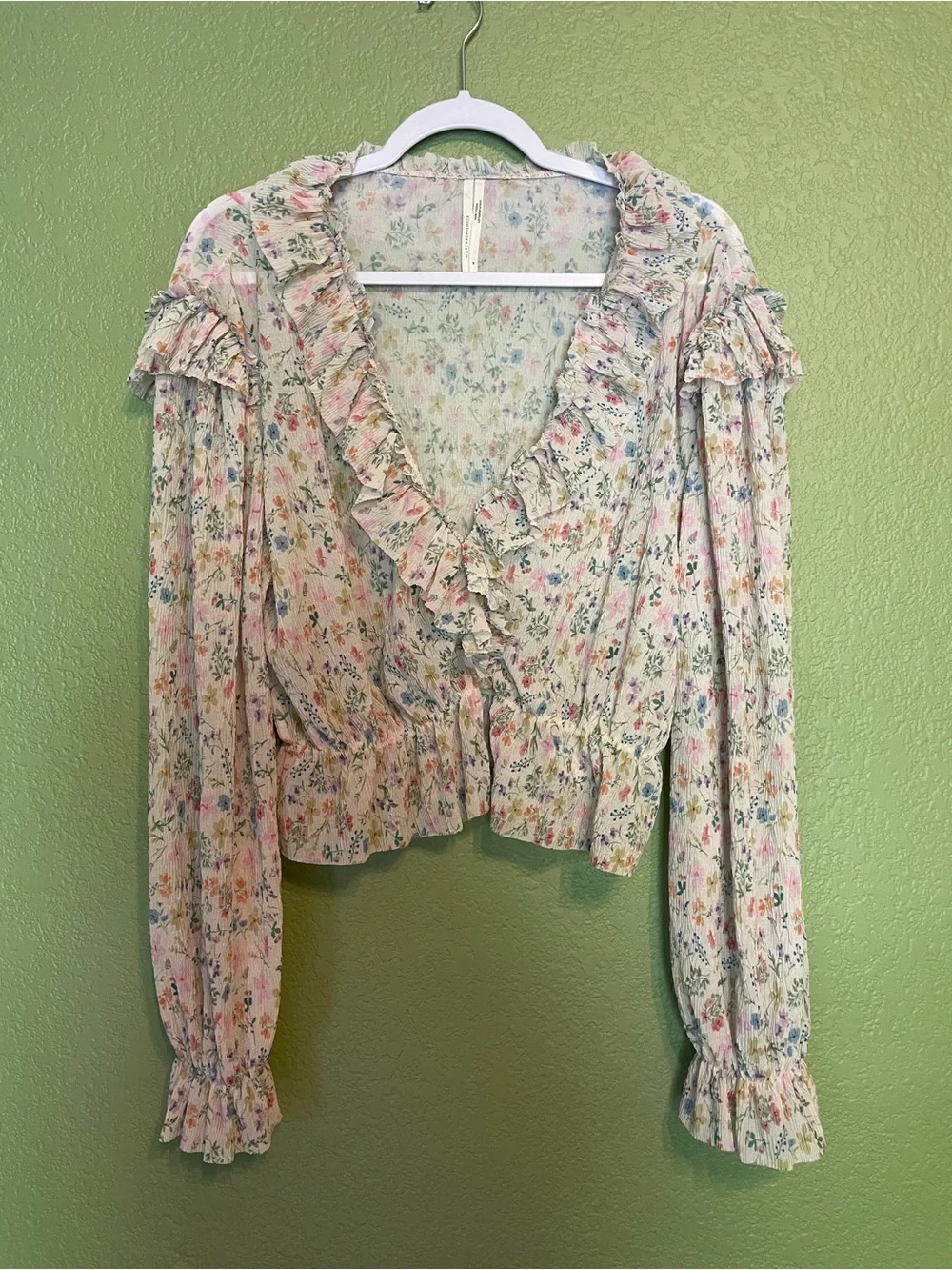 Anthropologie Long-Sleeve Mesh Ruffle Blouse Medium - Picture 5 of 9